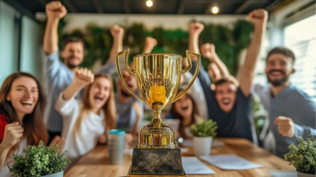 Colleagues celebrating around a trophy after winning their football prediction pool
